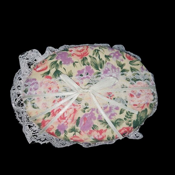 Vintage Floral Fabric Jewelry Box Oval Lace Trim Ribbon Bow Cottagecore Vanity - Picture 3 of 4